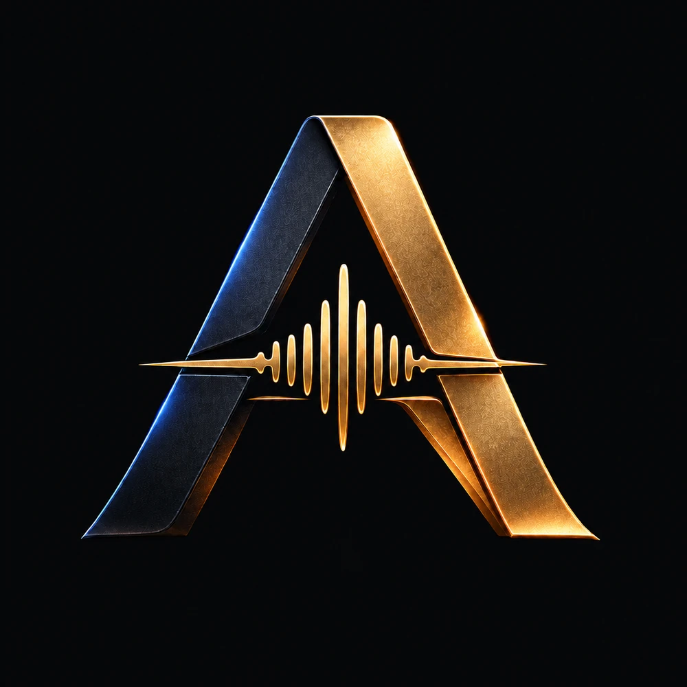 AMIRISTUDIO A symbol in gold and dark blue with an audio waveform